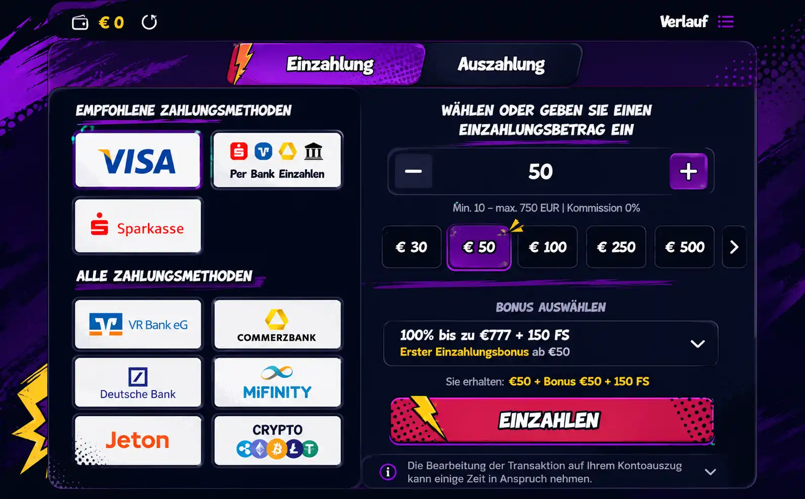 Kryptowährungs-Bereich in der Kasse des Spinlander Casino